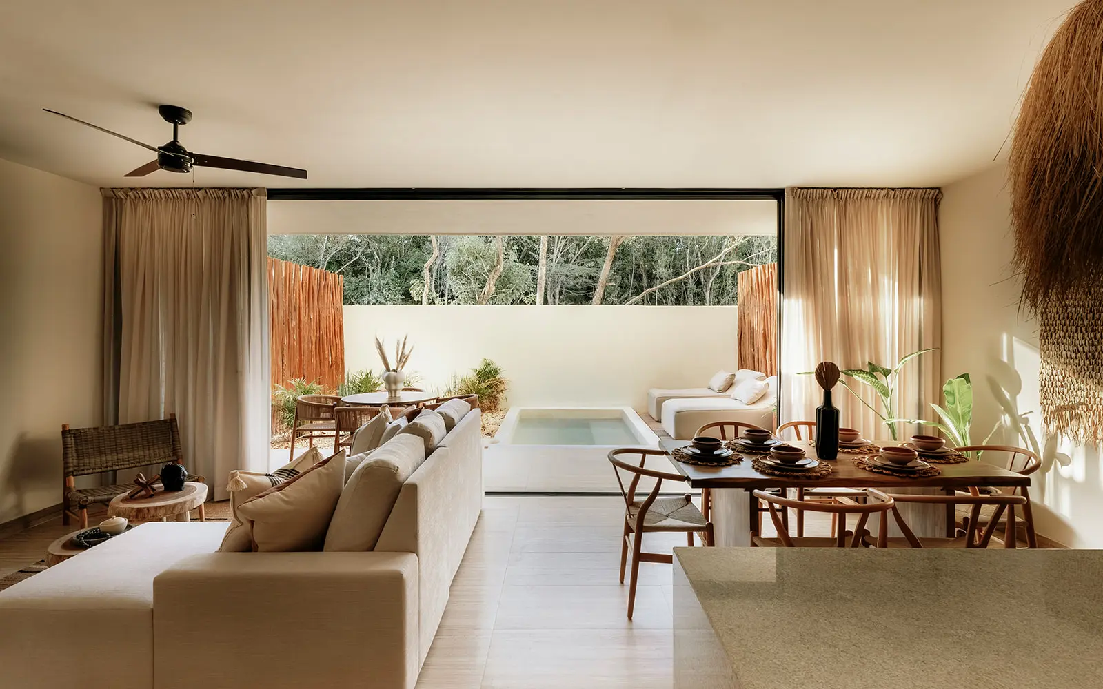Luxury Tulum condo living room with private plunge pool at Samsara Aldea Zama